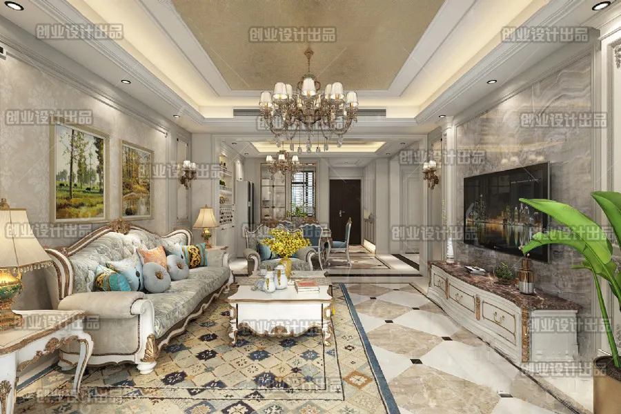 Living Room 3D Interior Scene - European Style - 010