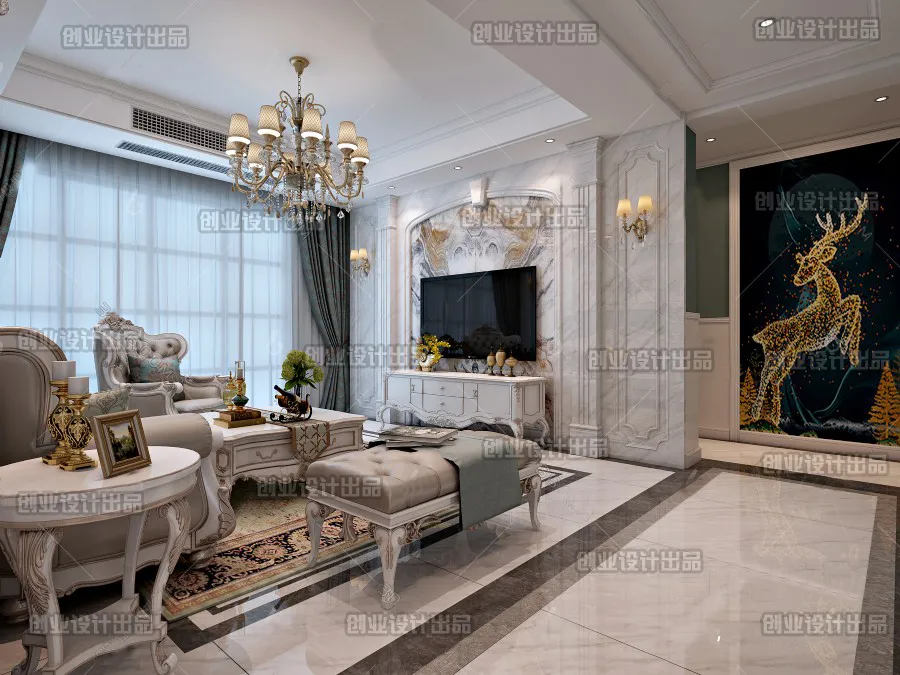 Living Room 3D Interior Scene - European Style - 011