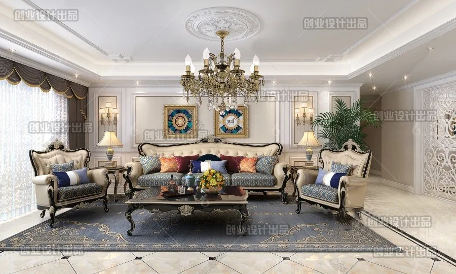 Living Room 3D Interior Scene - European Style - 014
