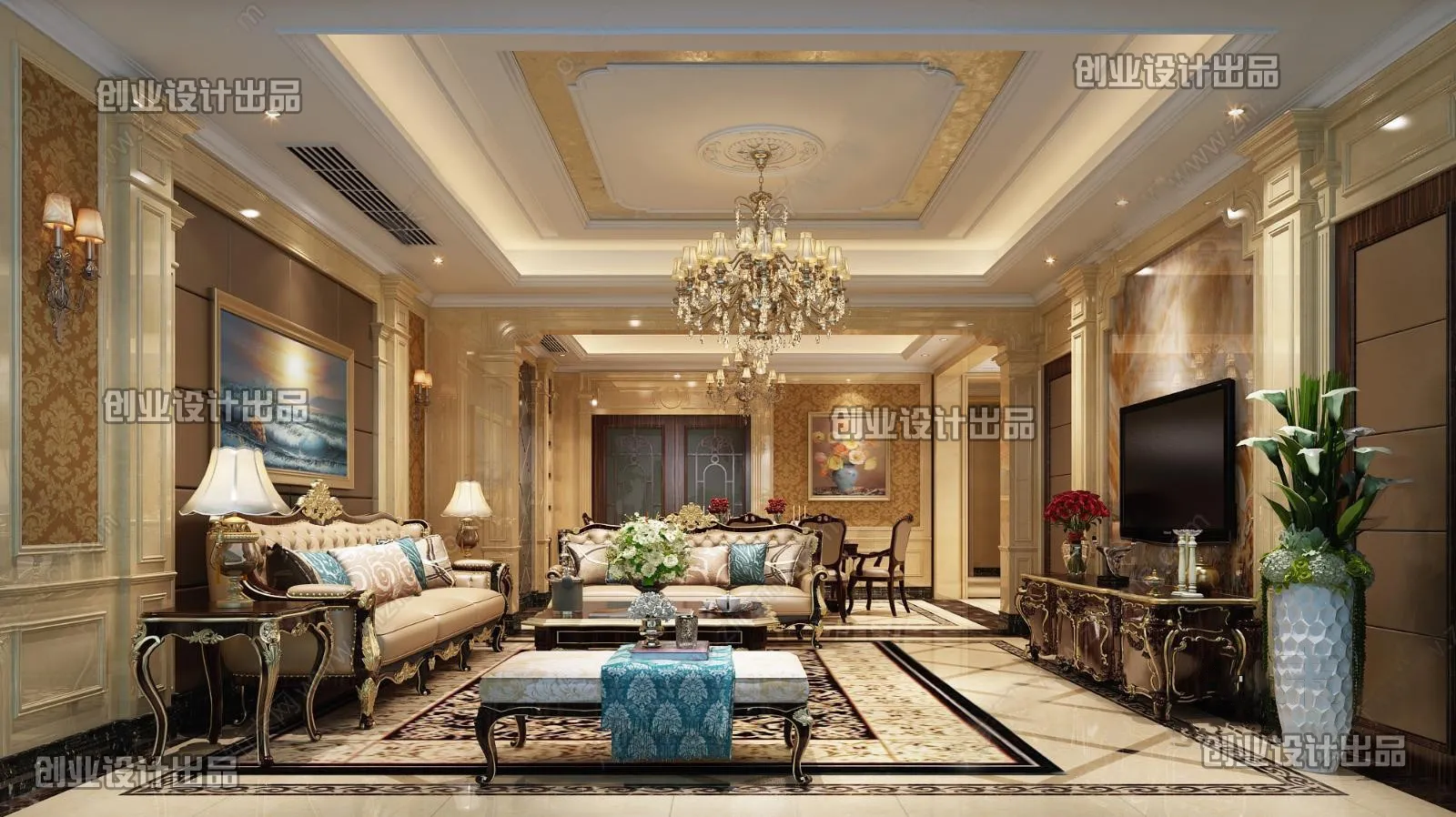 Living Room 3D Interior Scene - European Style - 024