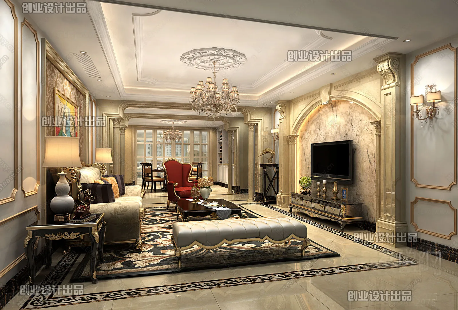 Living Room 3D Interior Scene - European Style - 025