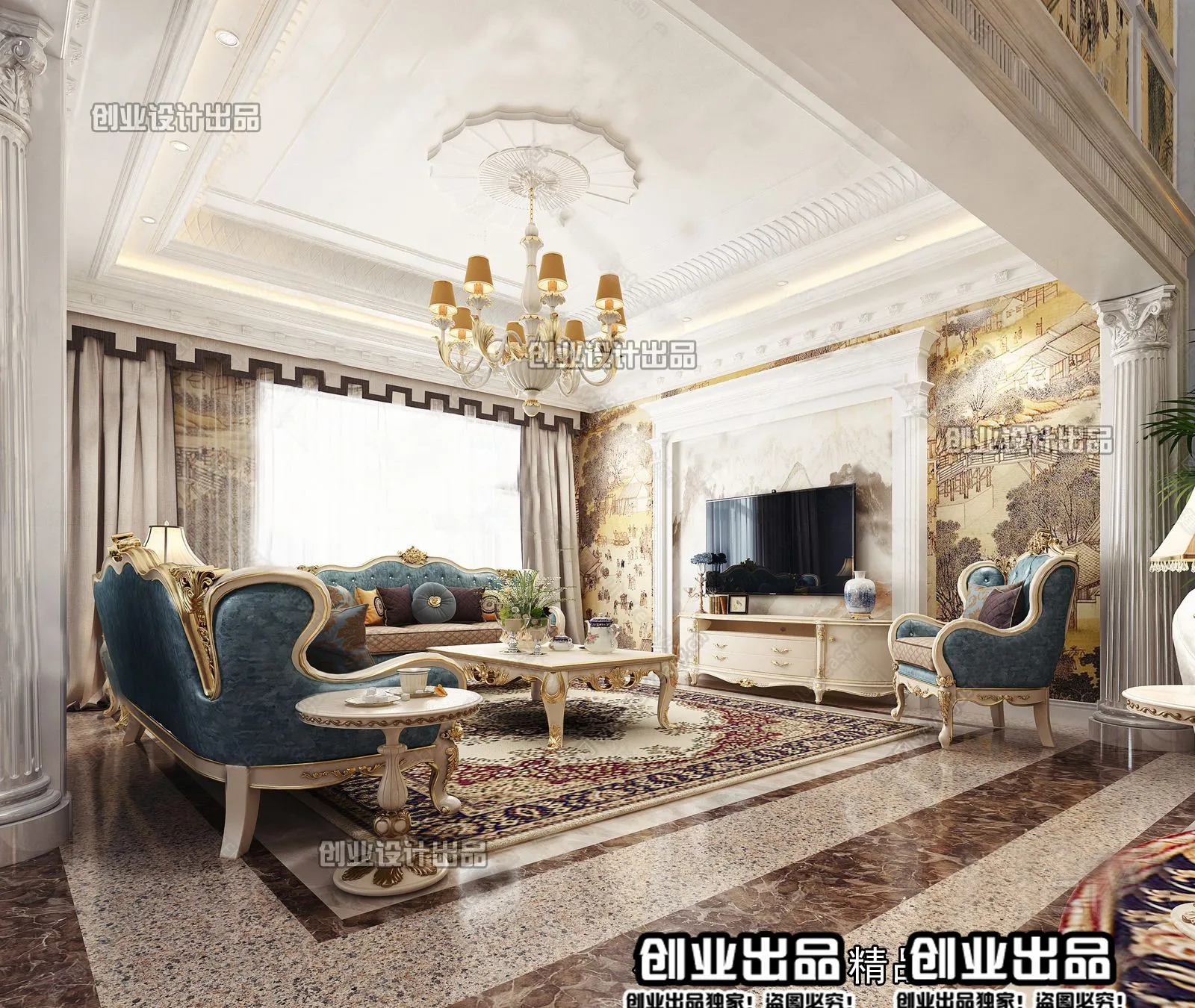 Living Room 3D Interior Scene - European Style - 028