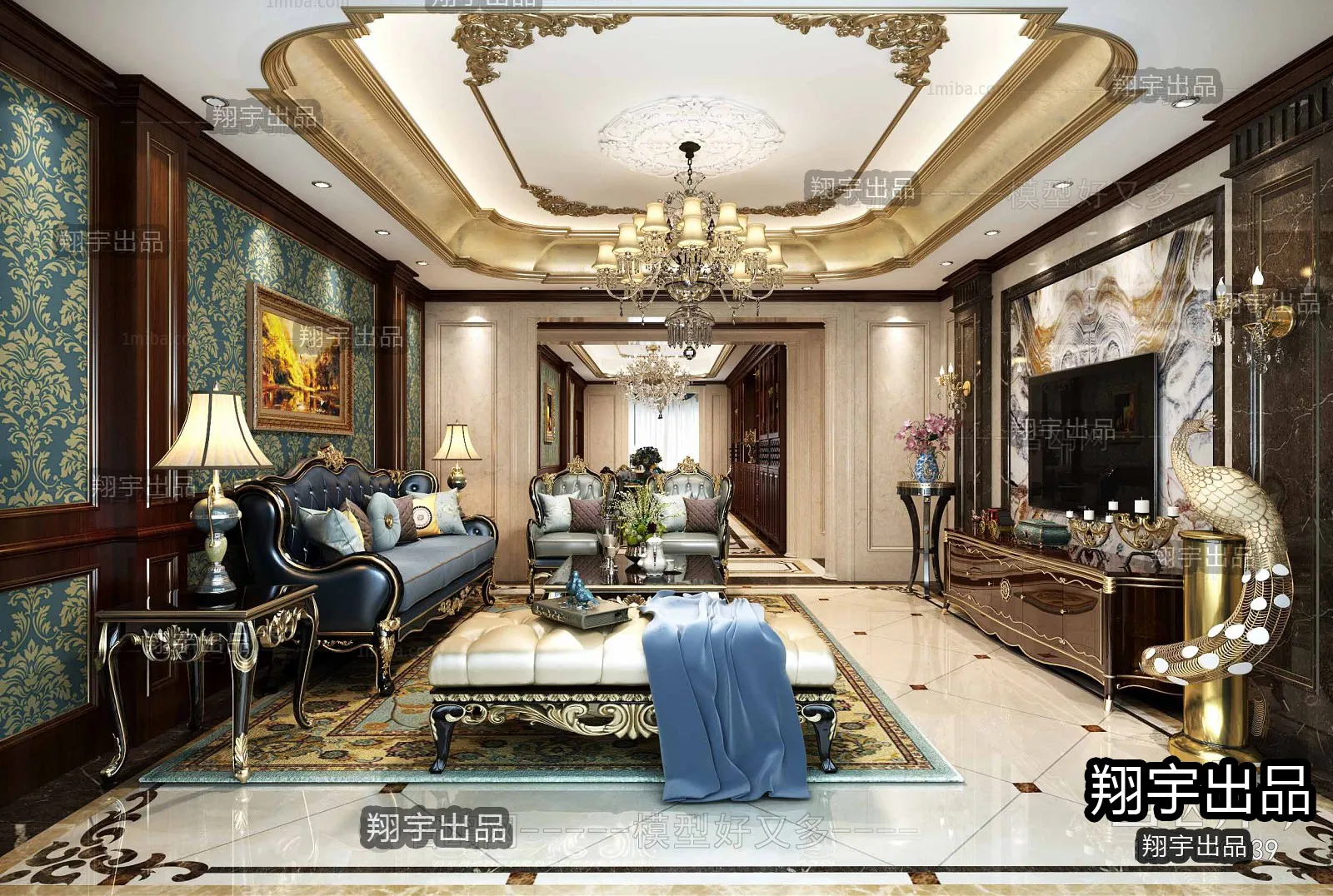 Living Room 3D Interior Scene - European Style - 034