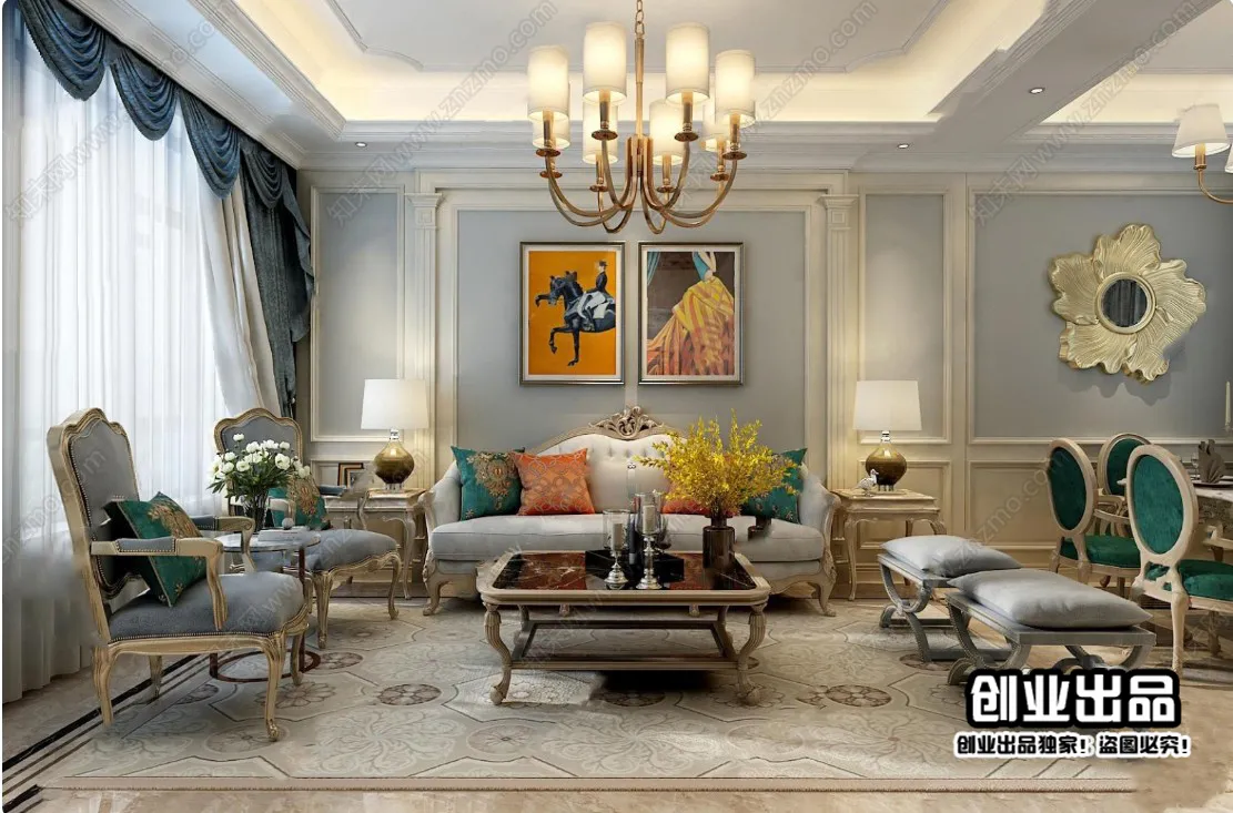 Living Room 3D Interior Scene - European Style - 035