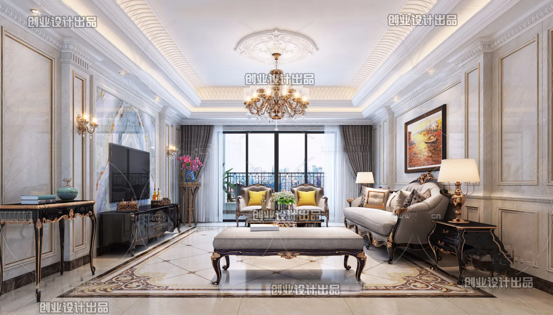Living Room 3D Interior Scene - European Style - 044