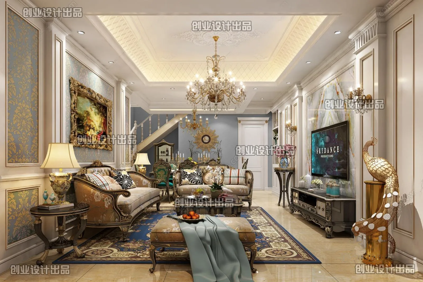 Living Room 3D Interior Scene - European Style - 046