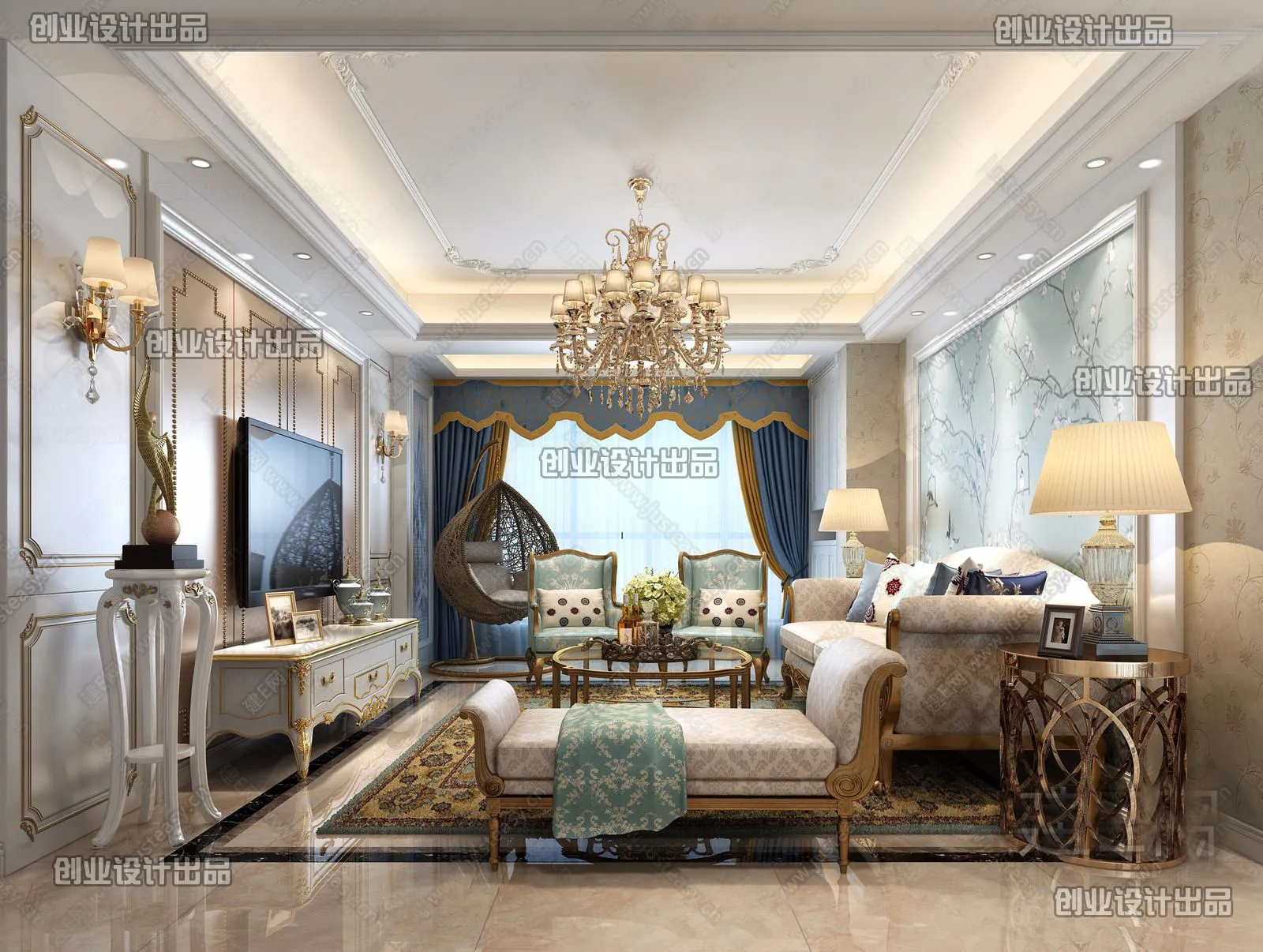 Living Room 3D Interior Scene - European Style - 047