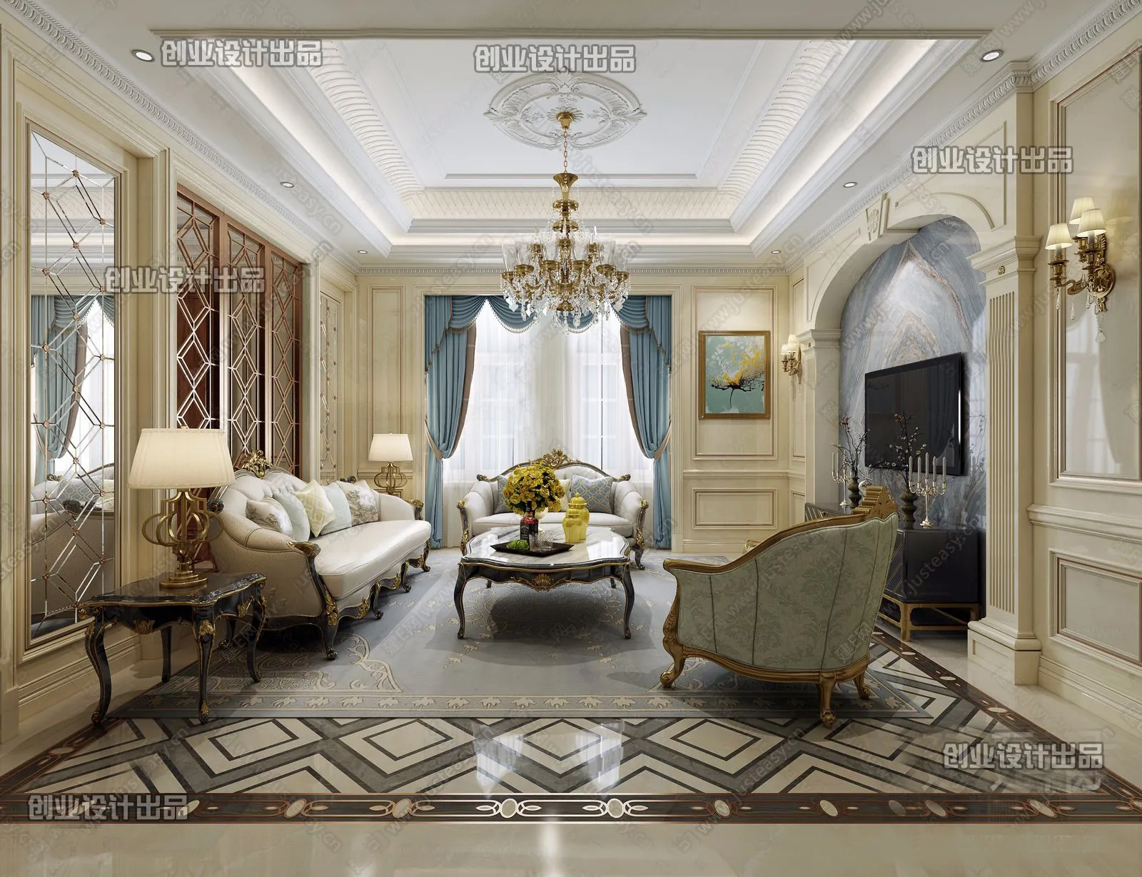 Living Room 3D Interior Scene - European Style - 048