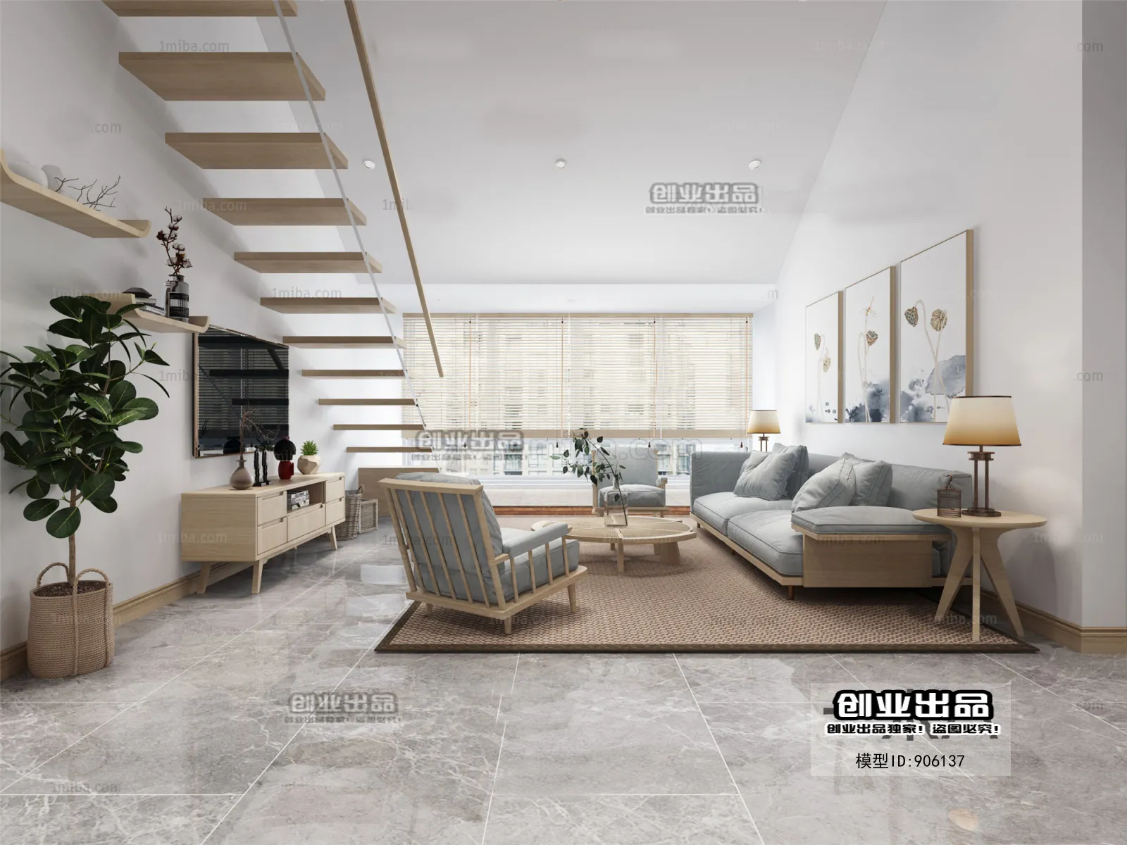 Living Room 3D Interior Scene - Japanese Style - 036