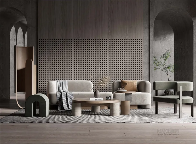 Living Room 3D Interior Scene Model - Wabi Sabi Style - 036