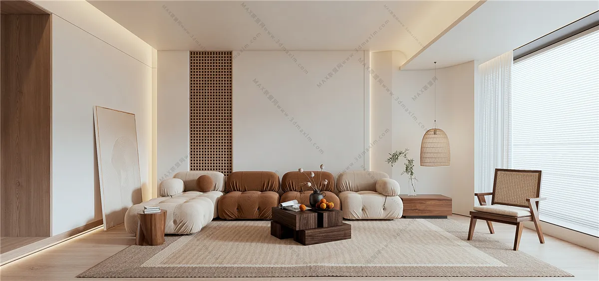 Living Room 3D Interior Scene Model - Wabi Sabi Style - 039