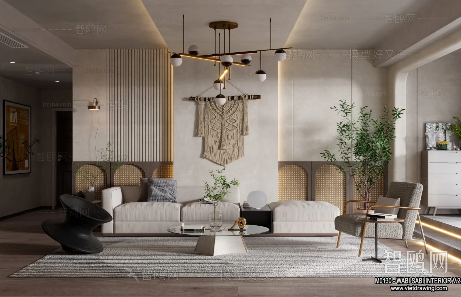 Living Room 3D Interior Scene Model - Wabi Sabi Style - 076