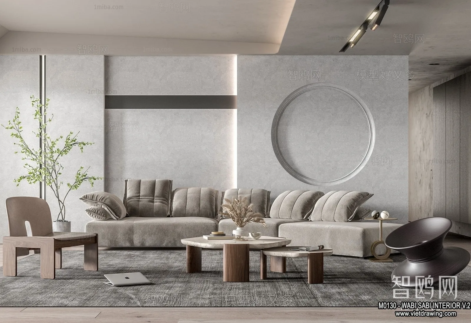 Living Room 3D Interior Scene Model - Wabi Sabi Style - 077