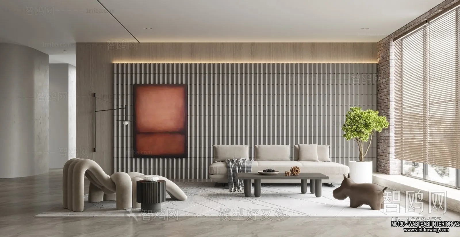 Living Room 3D Interior Scene Model - Wabi Sabi Style - 080