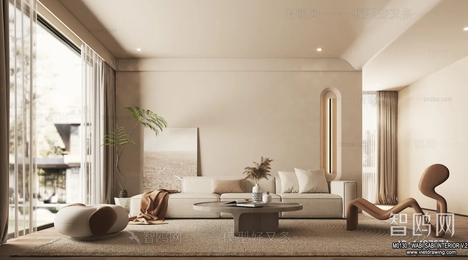 Living Room 3D Interior Scene Model - Wabi Sabi Style - 085