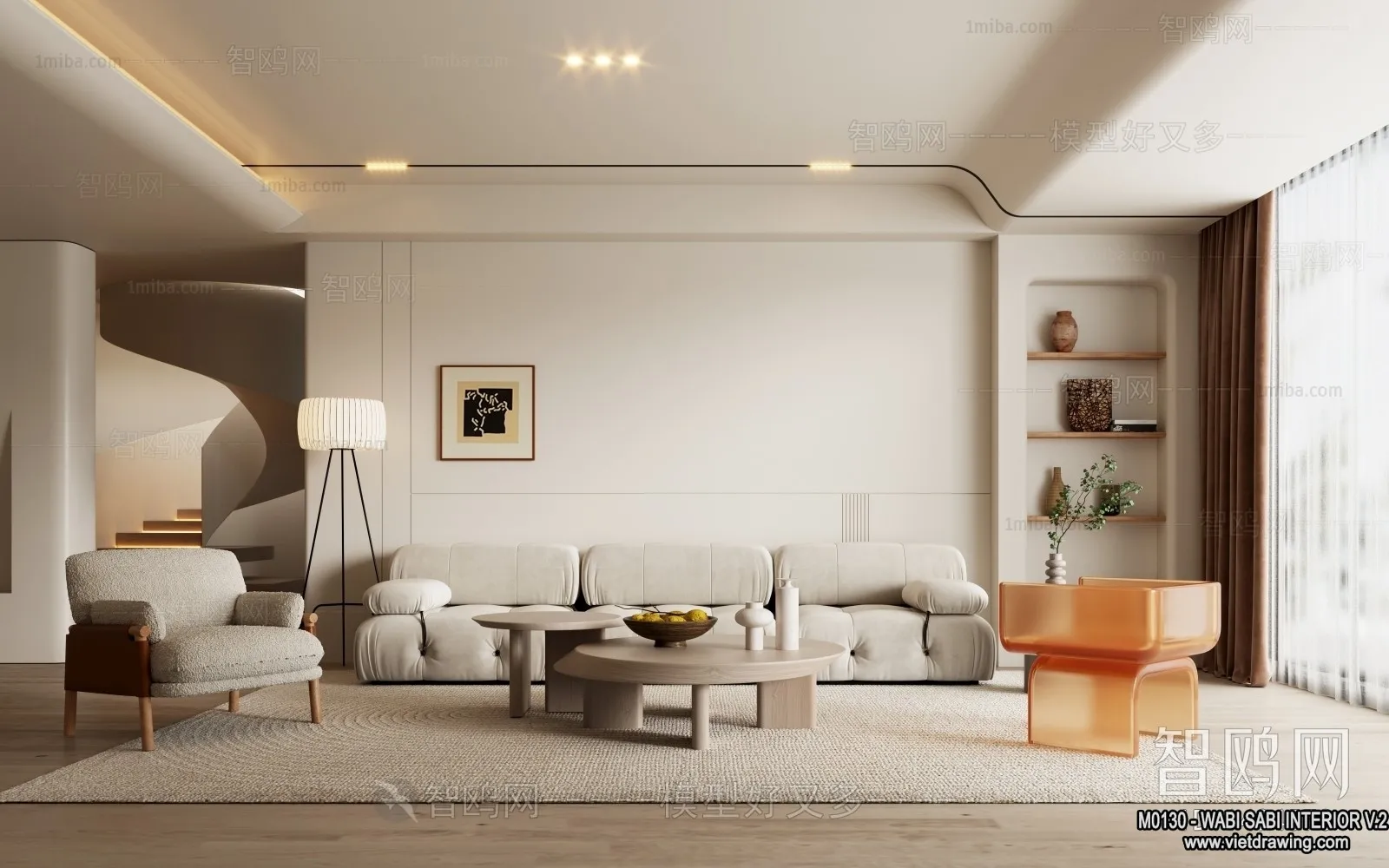 Living Room 3D Interior Scene Model - Wabi Sabi Style - 086