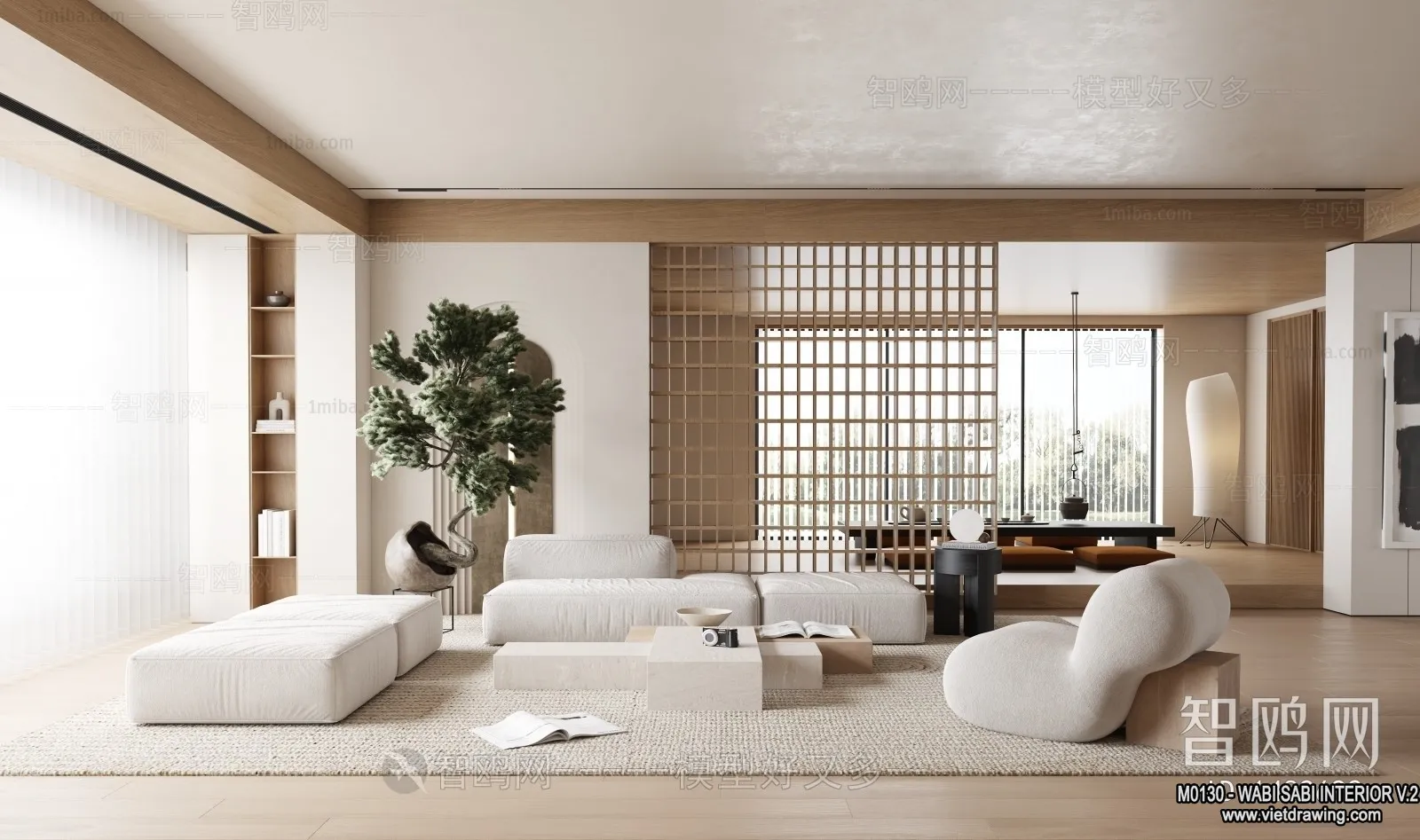 Living Room 3D Interior Scene Model - Wabi Sabi Style - 088