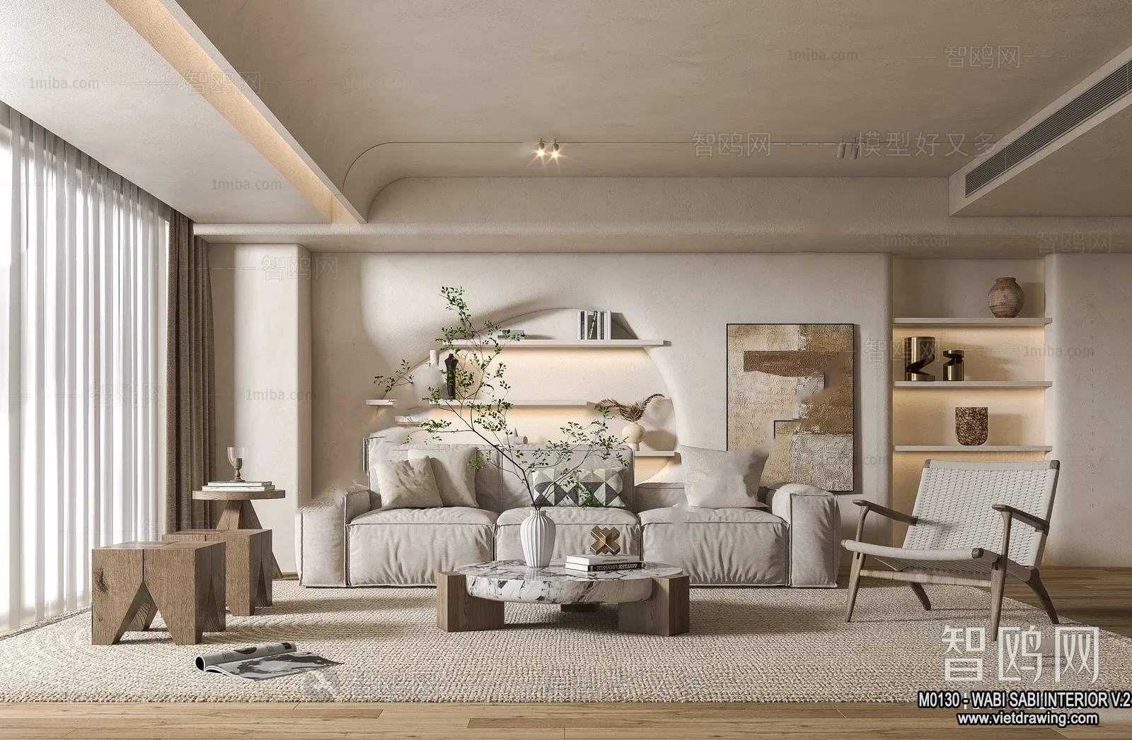 Living Room 3D Interior Scene Model - Wabi Sabi Style - 090