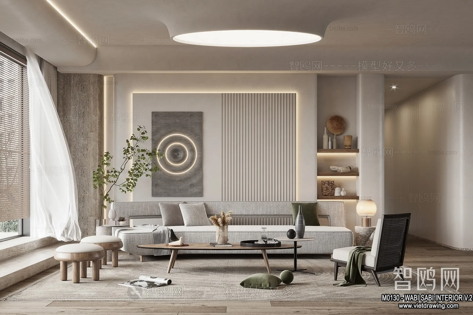 Living Room 3D Interior Scene Model - Wabi Sabi Style - 097