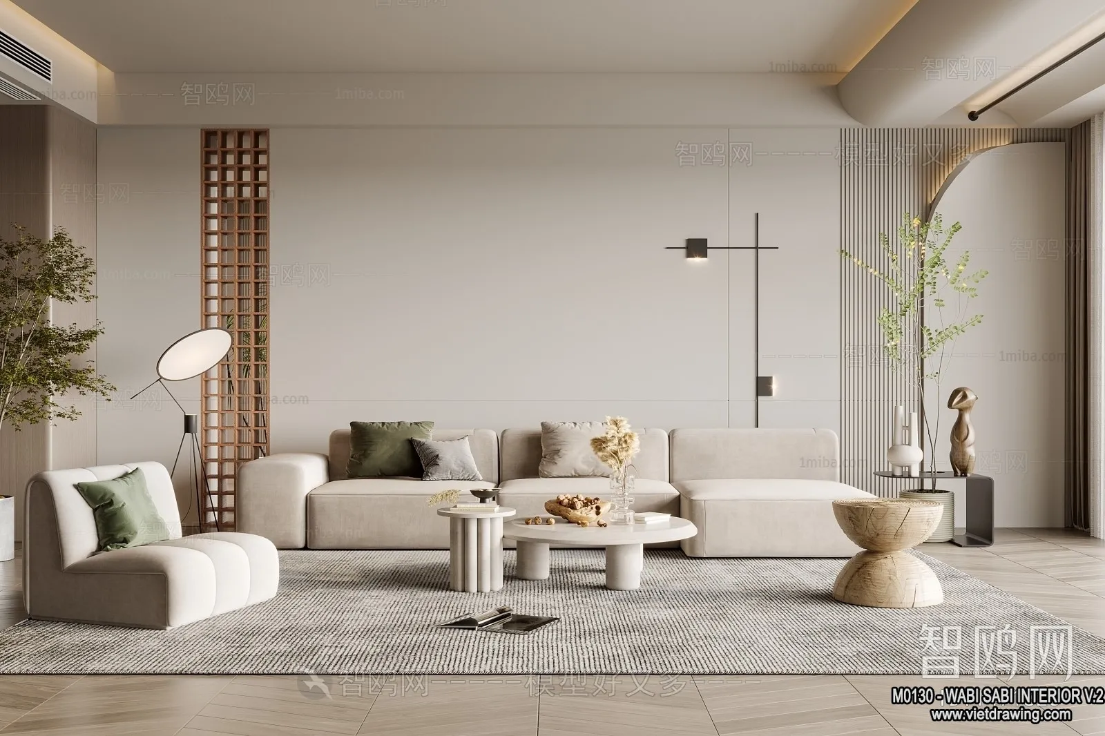 Living Room 3D Interior Scene Model - Wabi Sabi Style - 100