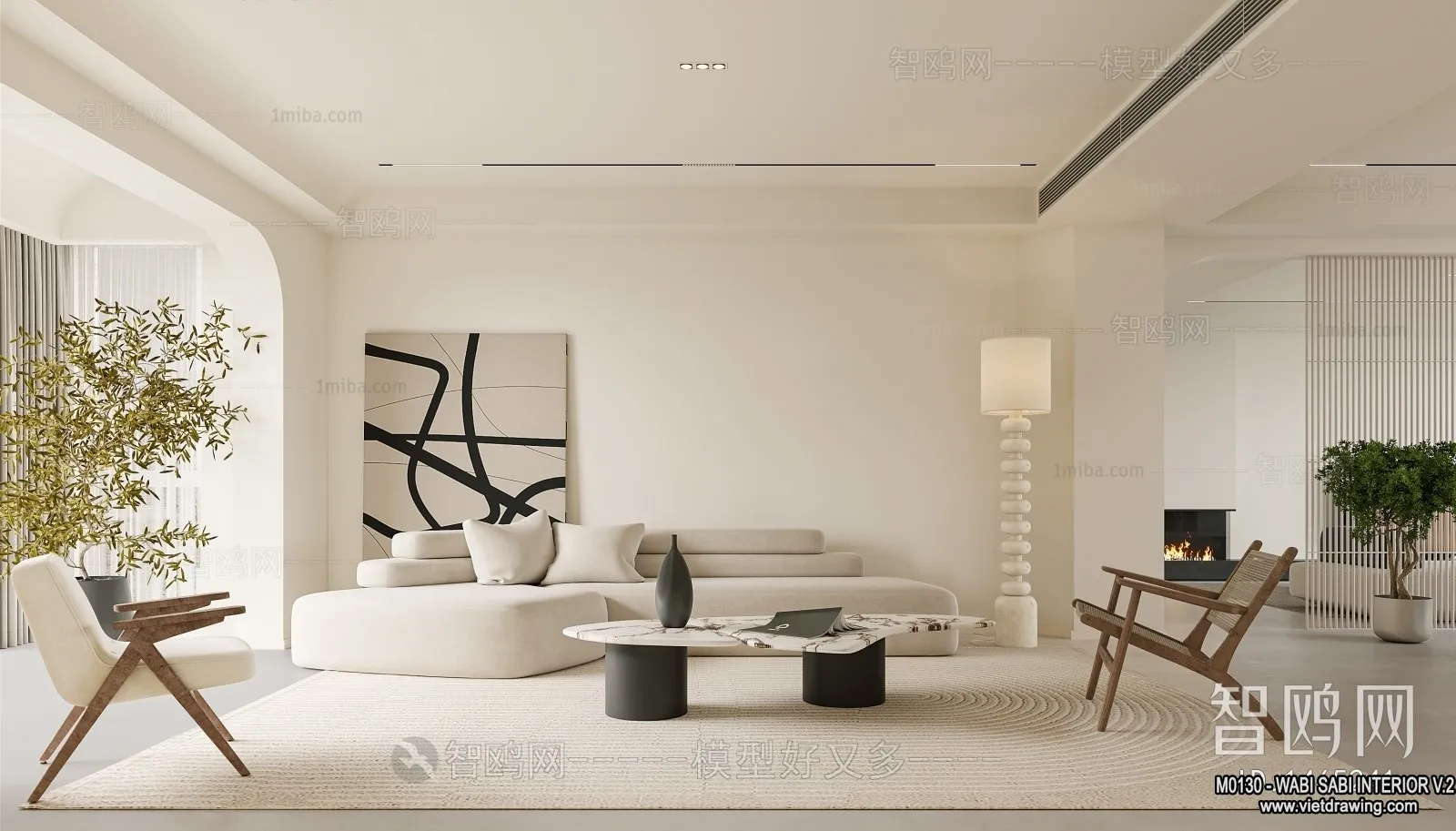 Living Room 3D Interior Scene Model - Wabi Sabi Style - 103