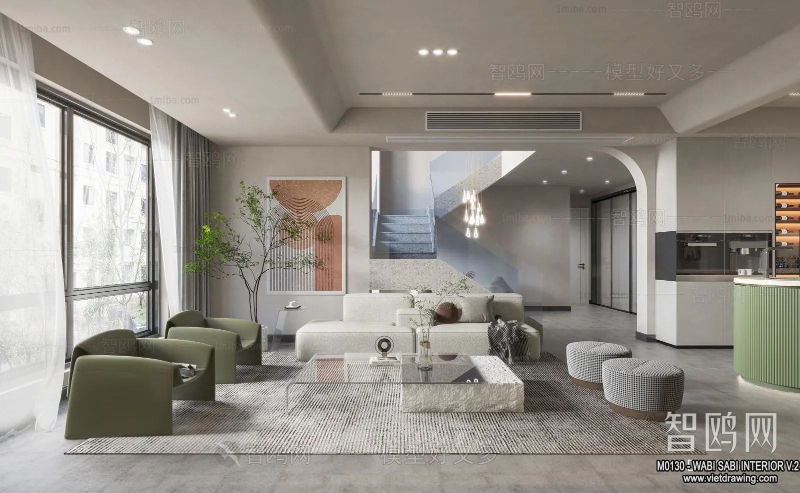 Living Room 3D Interior Scene Model - Wabi Sabi Style - 123