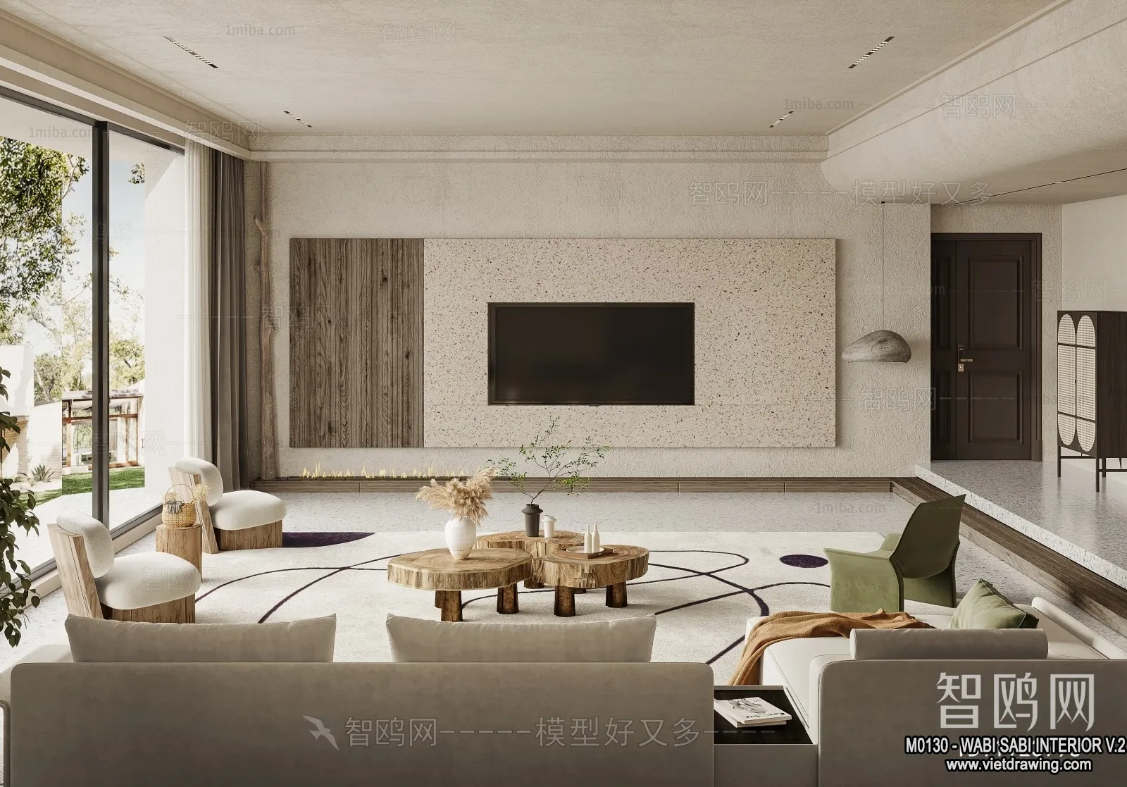 Living Room 3D Interior Scene Model - Wabi Sabi Style - 125