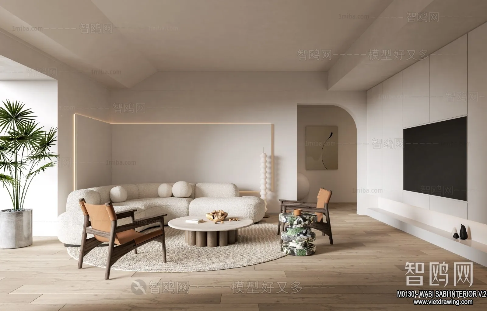 Living Room 3D Interior Scene Model - Wabi Sabi Style - 126