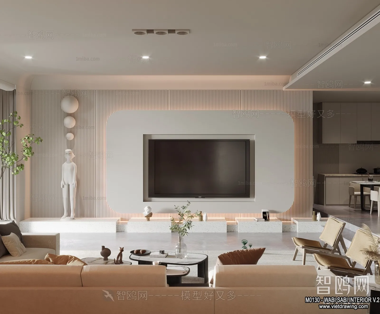 Living Room 3D Interior Scene Model - Wabi Sabi Style - 127