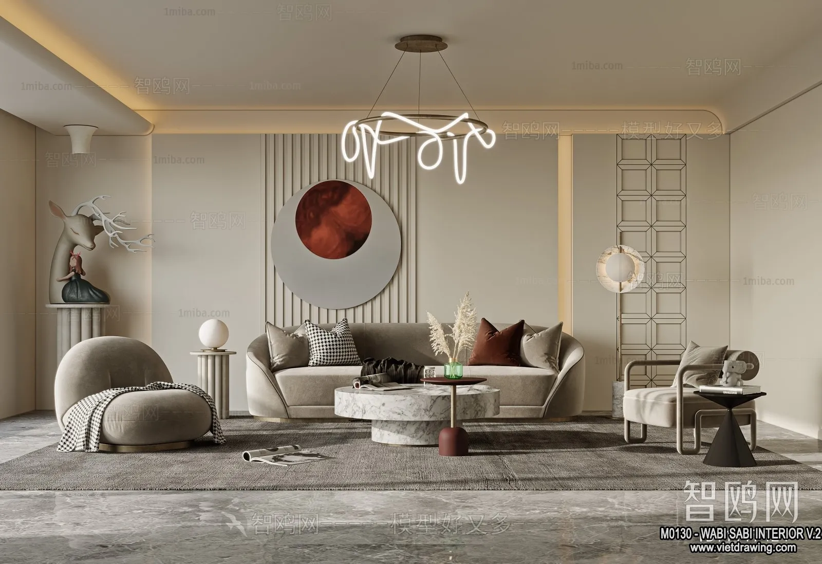 Living Room 3D Interior Scene Model - Wabi Sabi Style - 136