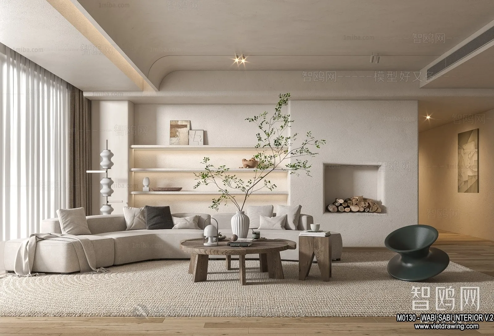 Living Room 3D Interior Scene Model - Wabi Sabi Style - 143