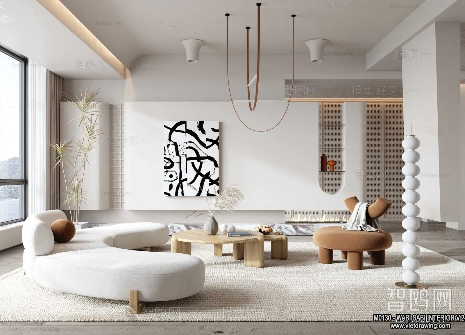 Living Room 3D Interior Scene Model - Wabi Sabi Style - 157