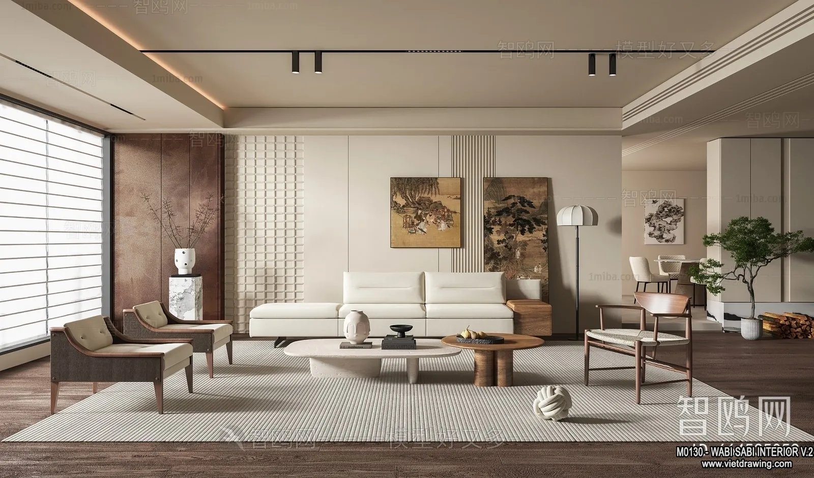 Living Room 3D Interior Scene Model - Wabi Sabi Style - 163