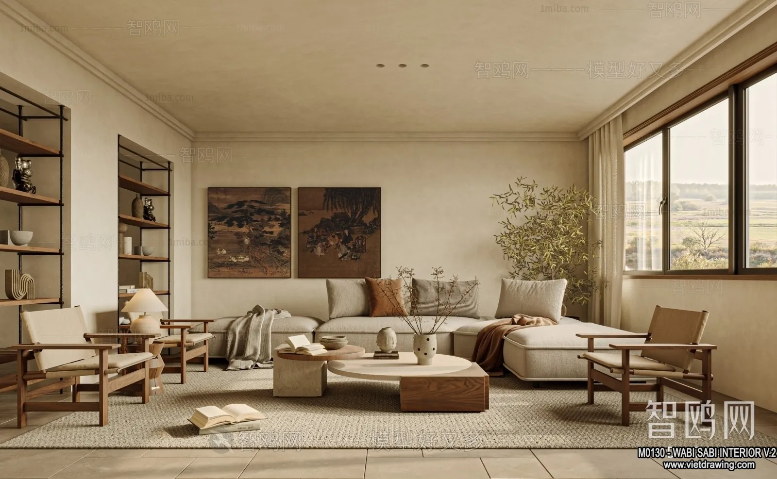 Living Room 3D Interior Scene Model - Wabi Sabi Style - 164