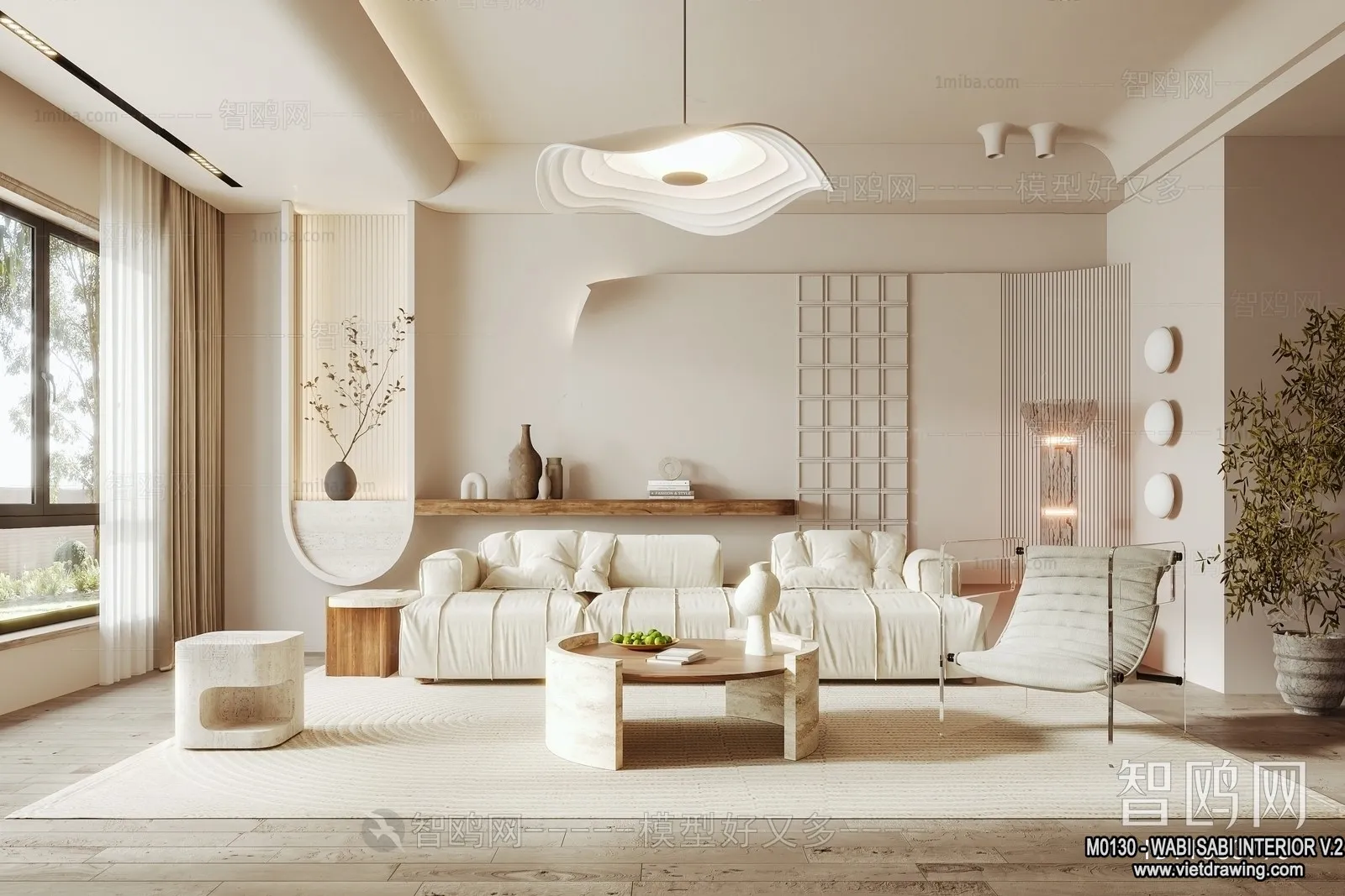 Living Room 3D Interior Scene Model - Wabi Sabi Style - 165
