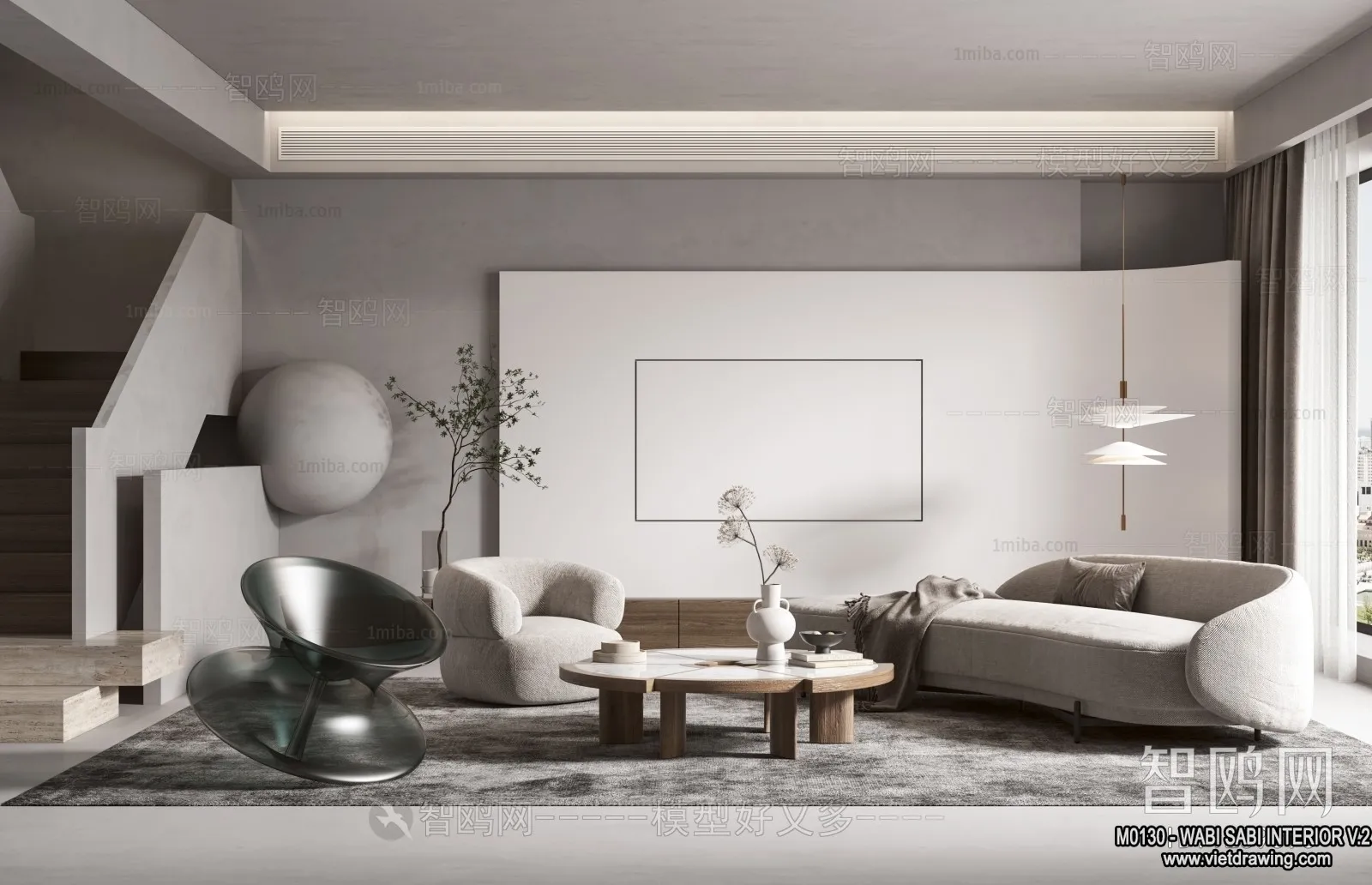 Living Room 3D Interior Scene Model - Wabi Sabi Style - 168