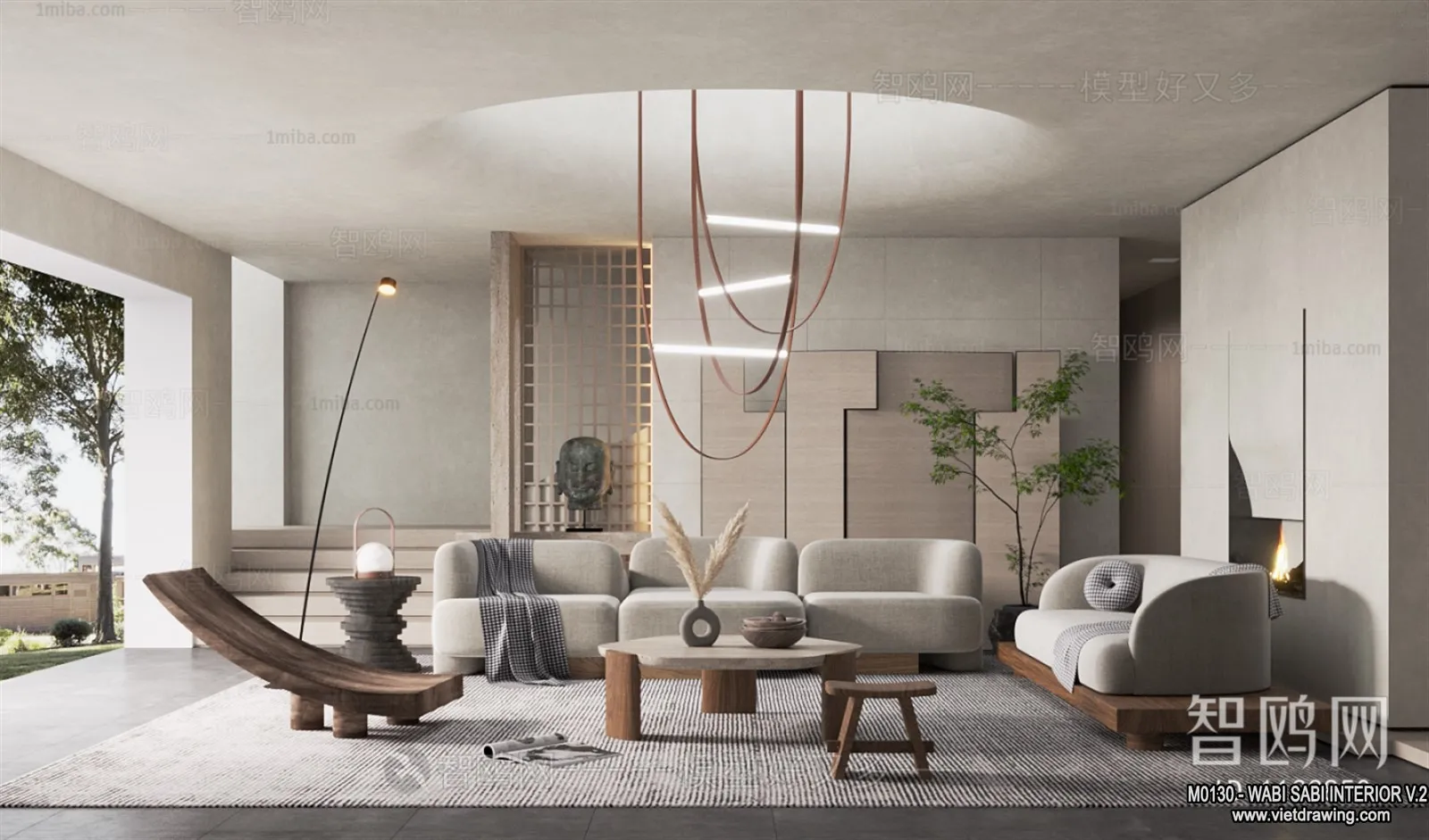 Living Room 3D Interior Scene Model - Wabi Sabi Style - 172