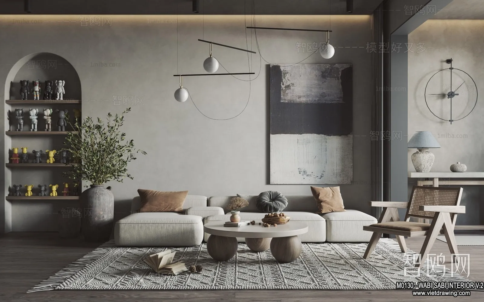 Living Room 3D Interior Scene Model - Wabi Sabi Style - 176