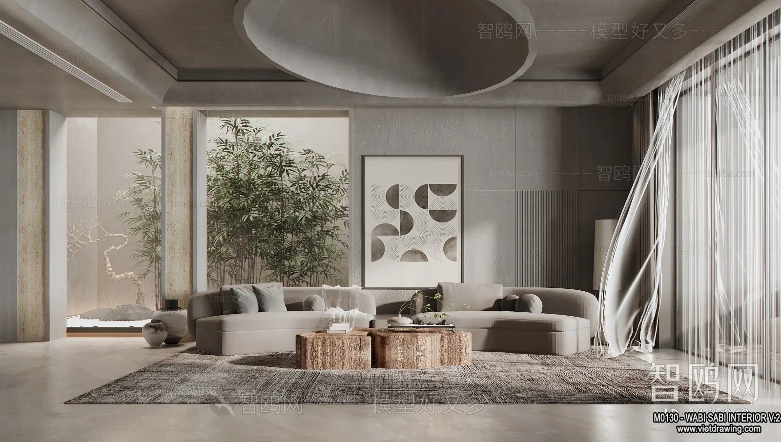 Living Room 3D Interior Scene Model - Wabi Sabi Style - 178