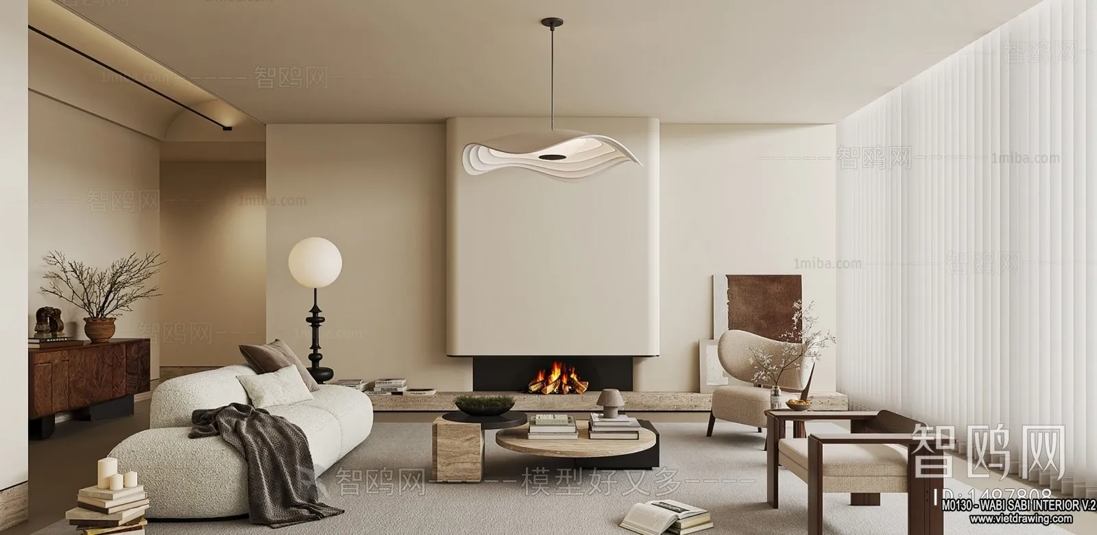 Living Room 3D Interior Scene Model - Wabi Sabi Style - 182