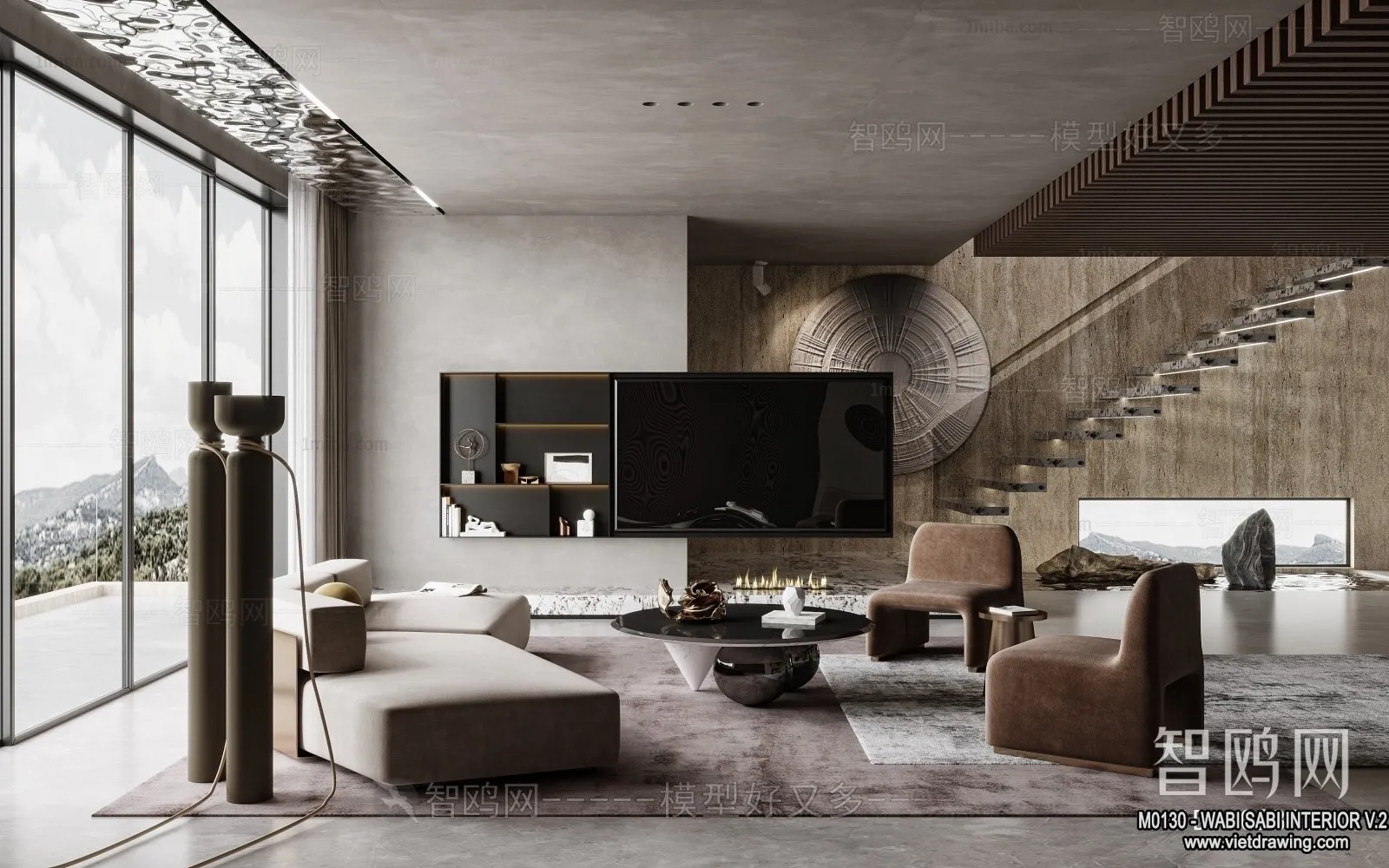 Living Room 3D Interior Scene Model - Wabi Sabi Style - 190