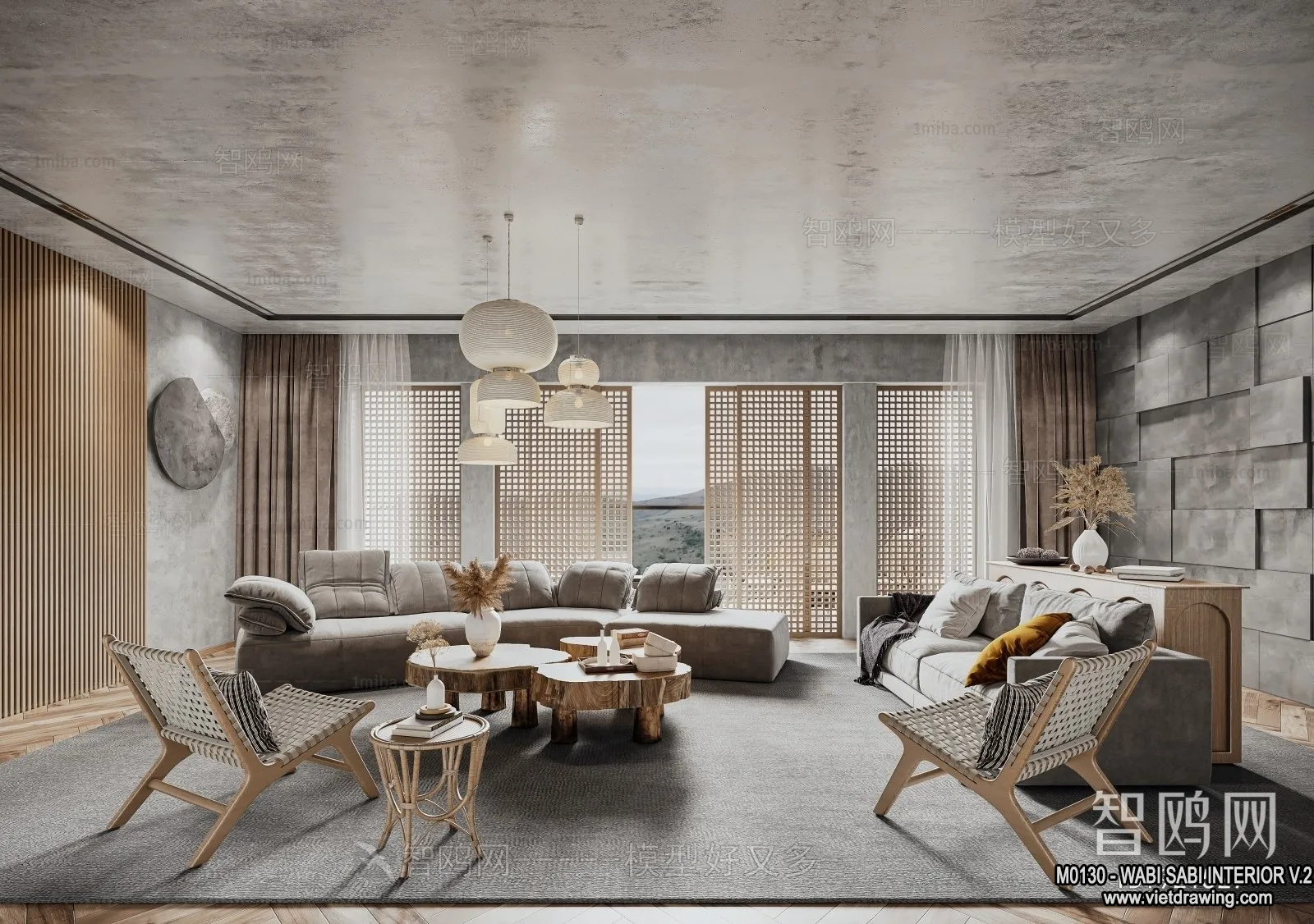 Living Room 3D Interior Scene Model - Wabi Sabi Style - 194