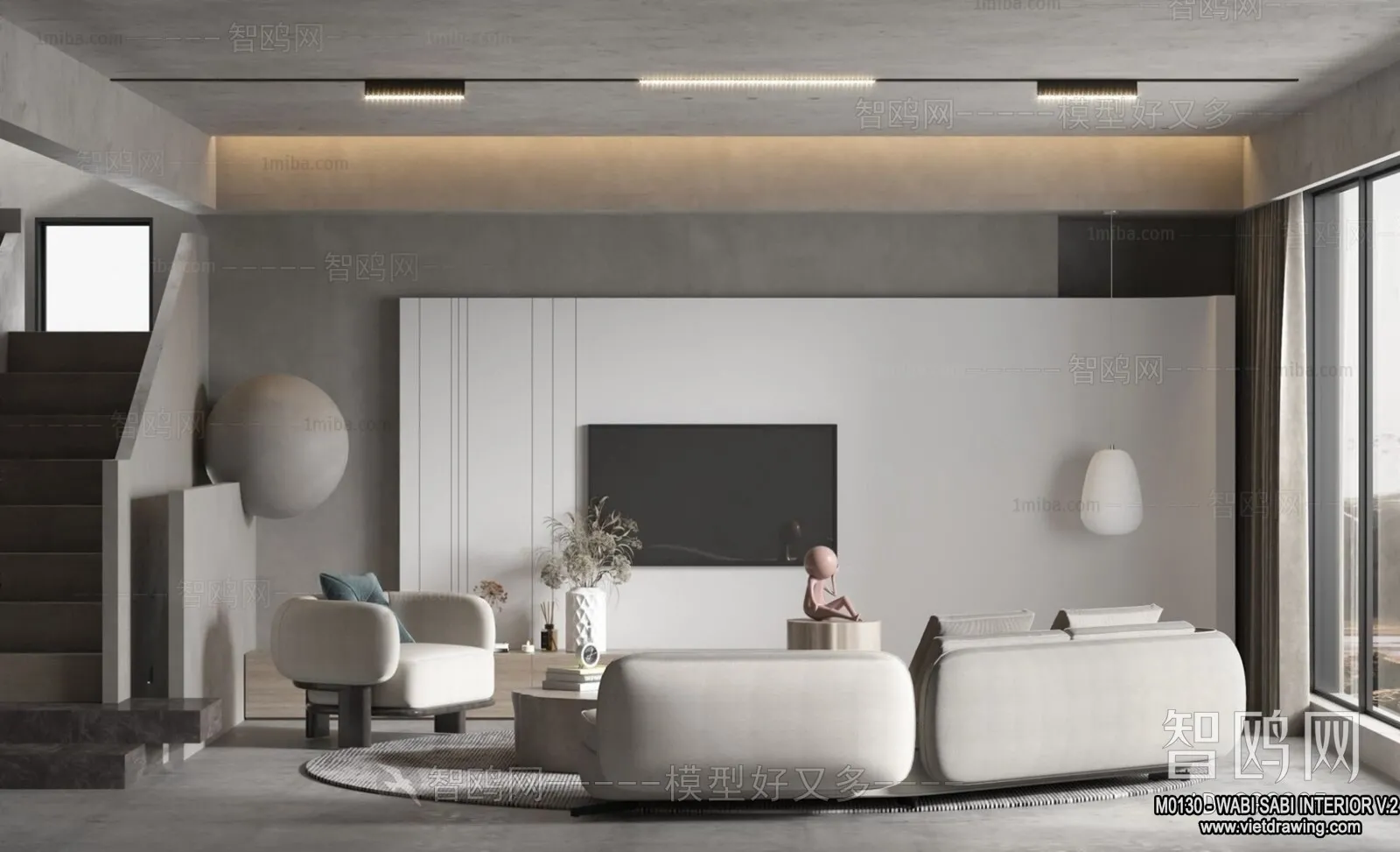 Living Room 3D Interior Scene Model - Wabi Sabi Style - 196