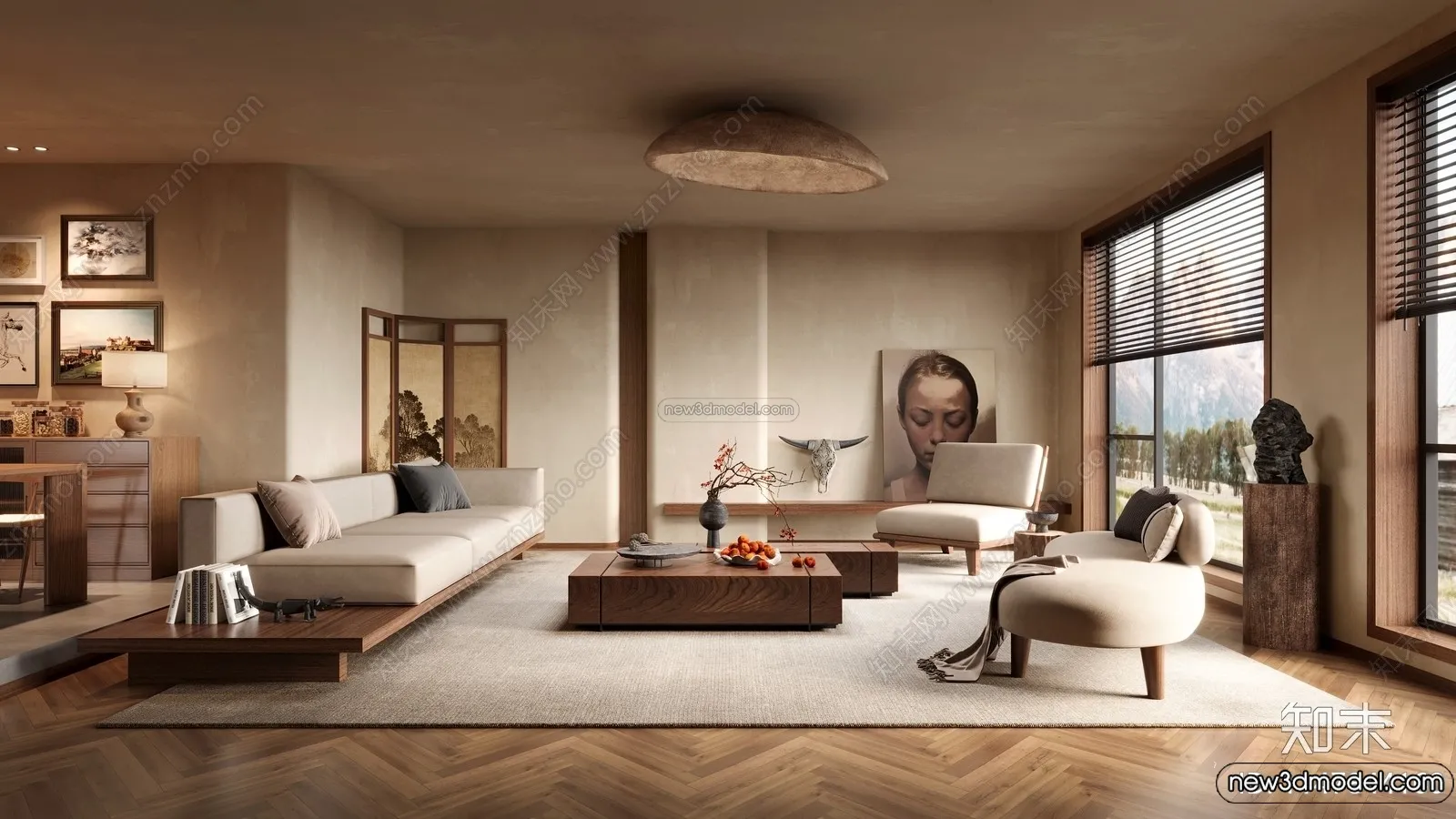 Living Room 3D Interior Scene Model - Wabi Sabi Style - 214