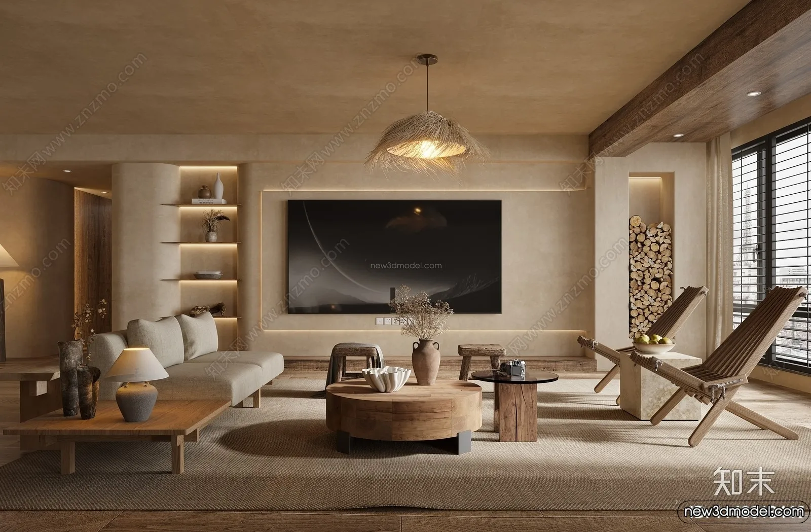Living Room 3D Interior Scene Model - Wabi Sabi Style - 215