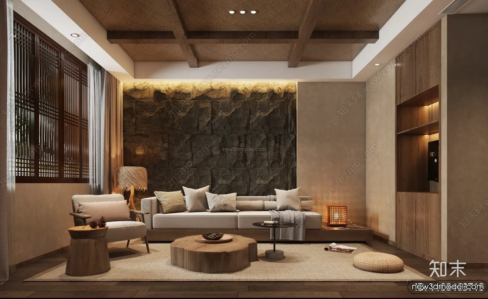 Living Room 3D Interior Scene Model - Wabi Sabi Style - 216