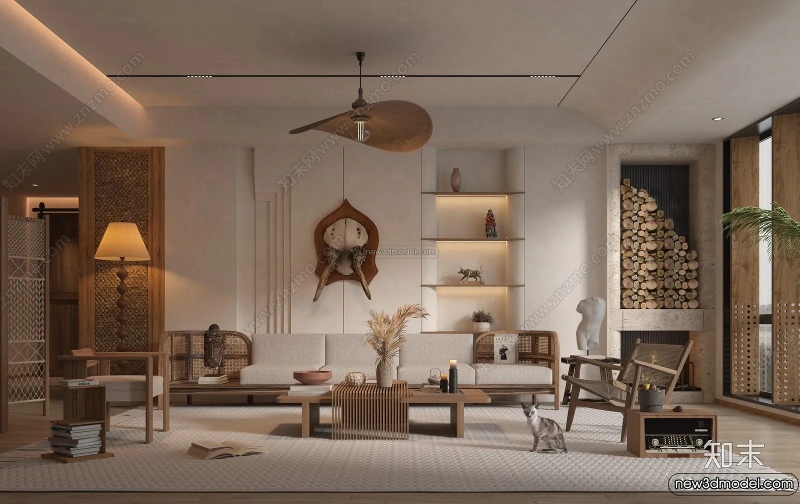 Living Room 3D Interior Scene Model - Wabi Sabi Style - 219