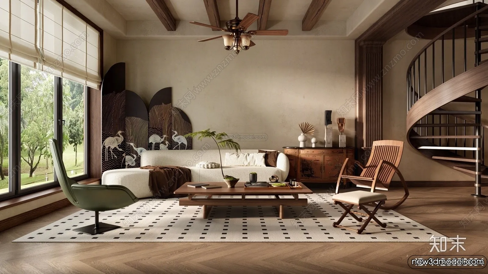 Living Room 3D Interior Scene Model - Wabi Sabi Style - 227