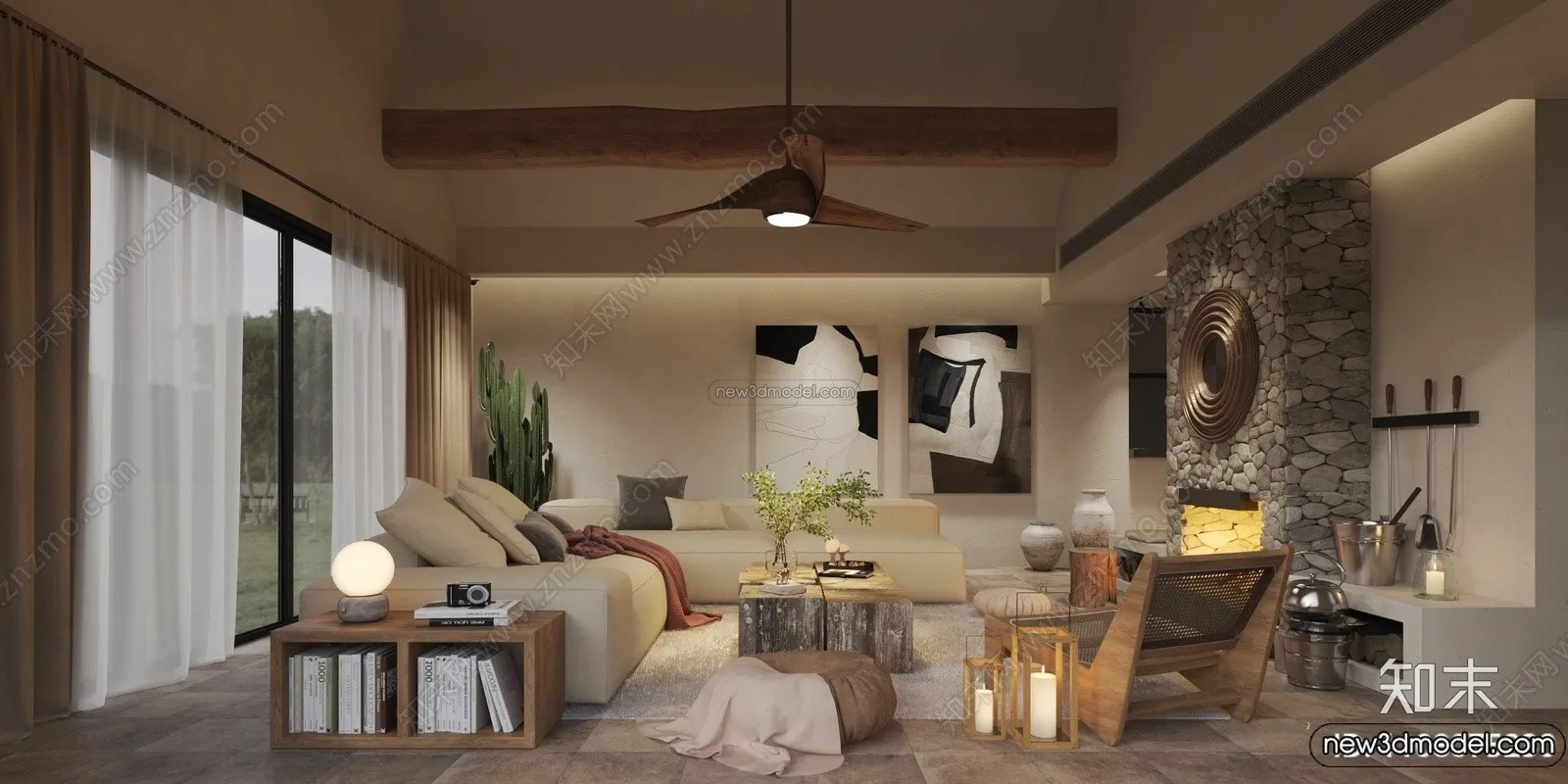 Living Room 3D Interior Scene Model - Wabi Sabi Style - 249