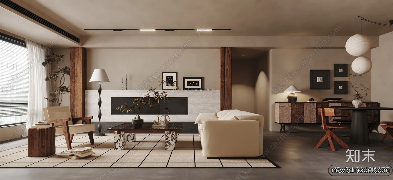 Living Room 3D Interior Scene Model - Wabi Sabi Style - 250